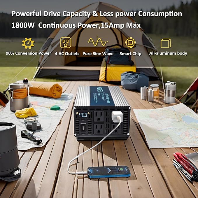 WZRELB 1800W Pure Sine Wave Inverter 48V DC to 110V 120V AC Power Converter with LED Display, Off-Grid Portable Power Inverter with 4 AC Outlets for Home, RV, Truck, Camping