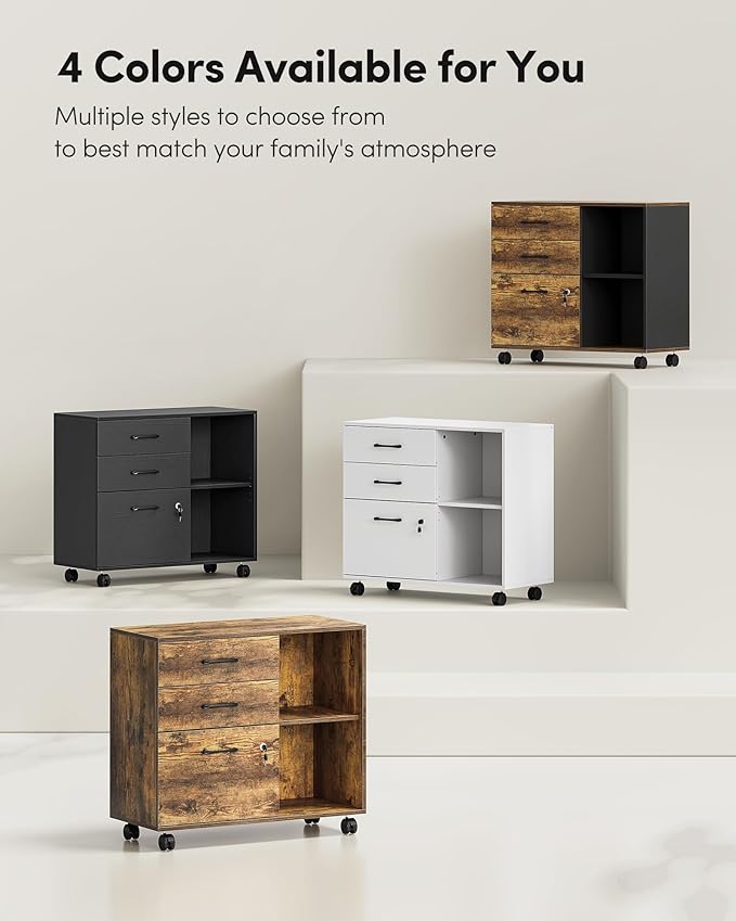 FEZIBO 3-Drawer Mobile File Cabinet, Lateral Filing Cabinet with Lock, Printer Stand with Open Storage Shelves for Home Office, Filing Cabinets for Home Office, Black