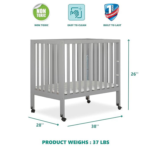 Jett Non-Full Size Folding Convertible Crib, Lightweight Portable Crib, Three Adjustable Mattress Height Settings, Easy to Fold Travel Crib, 1.5” Mattress Pad Included