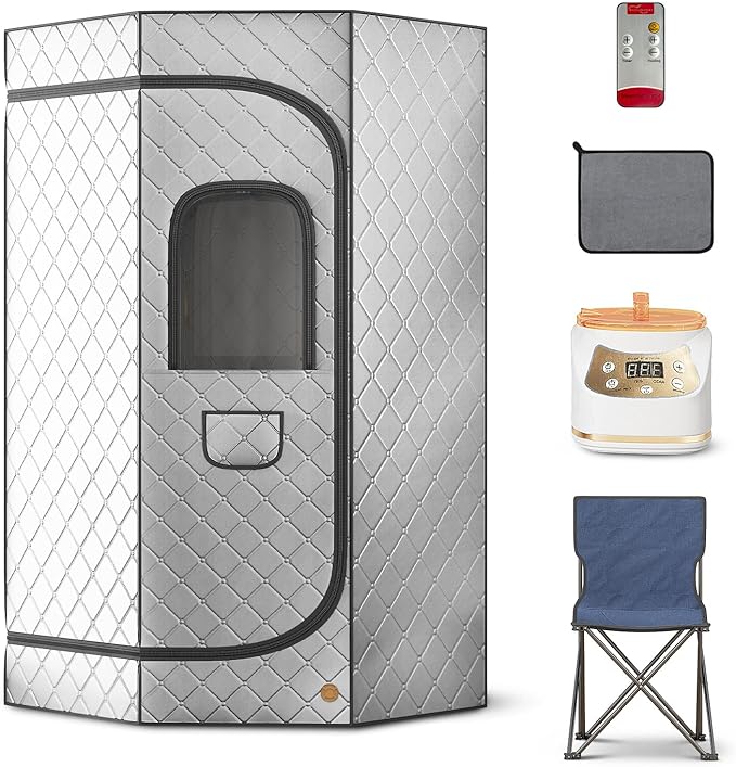 Home Steam Sauna Box, Portable Sauna for Home, Steam Sauna Tnet Full Size Single Person Sauna with 3.0L&1500W Steamer, Remote Control, Foldable Chair & RGB LED Light (Silver)