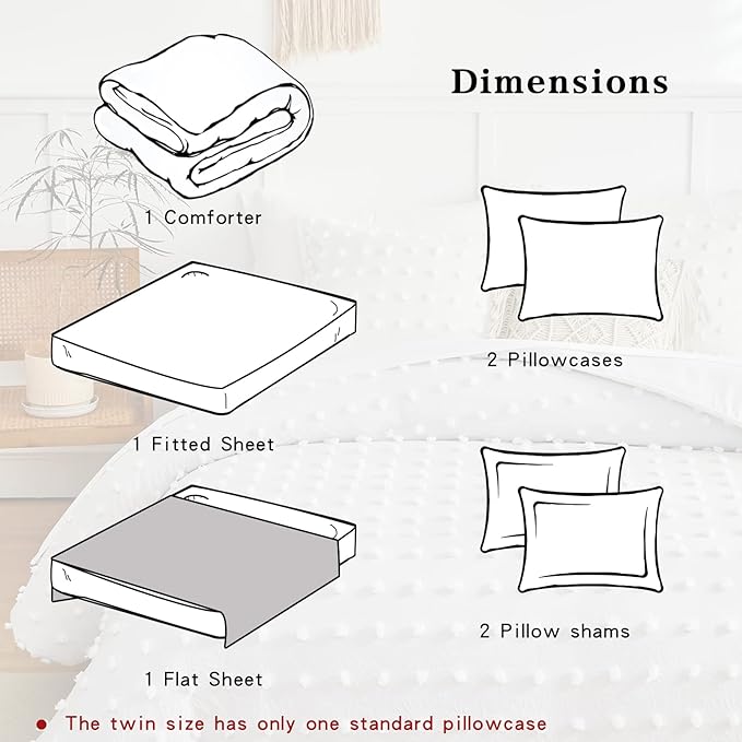 7 Pieces Tufted Dots Bed in a Bag Queen Comforter Set with Sheets White , Soft and Embroidery Shabby Chic Boho Comforters, Solid Color with Pom Pom Design, Jacquard Tufts Bedding Set for All Season