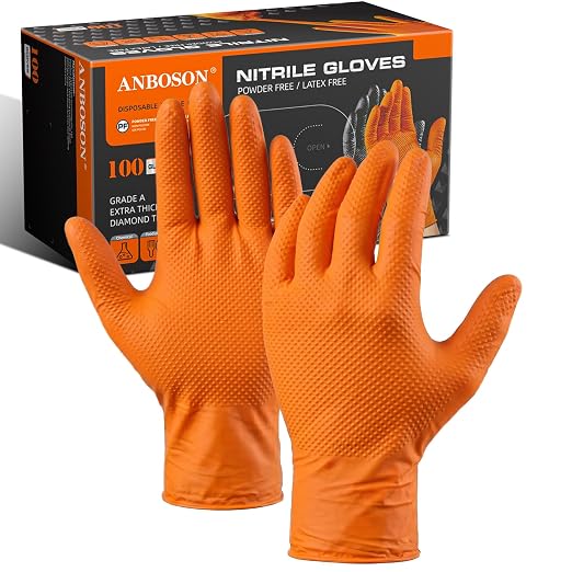 ANBOSON 10 Mil Heavy Duty Mechanic Nitrile Gloves, Large Orange 100 Count | Diamond Grip,Latex Free,Chemical Resistant Disposable Thick Rubber Gloves for Auto Repair, Industrial, Food, Work ,BBQ,Men
