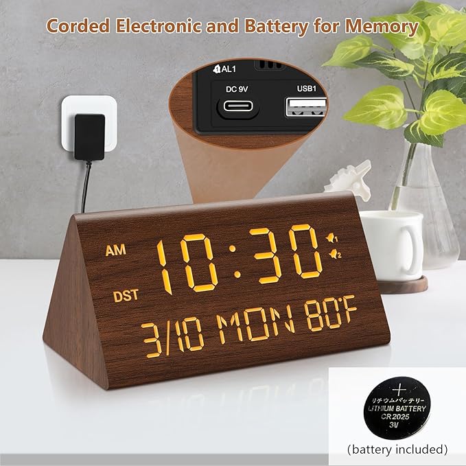 Kogonee Wooden Digital Alarm Clock, 0-100% Dimmer, 2 Alarm Settings, Weekday/Everyday Mode, 9 Mins Snooze, 12/24H, Temperature and Date Display for Office, Travel, Bedroom Alarm Clock (Brown)