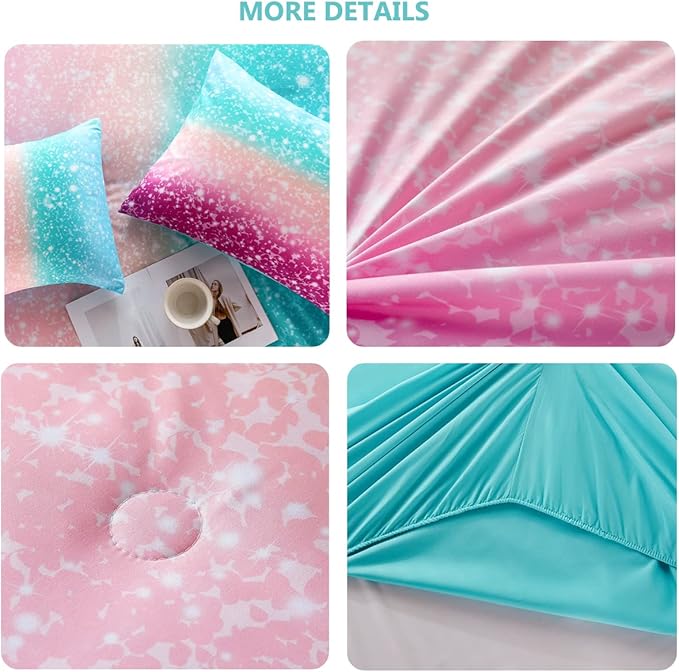 PERFEMET Queen Comforter Set with Sheets, 6 Pieces Tie Dye Rainbow Girls Bedding Set, Gradient Glitter Colorful Ombre Bed in A Bag (Aqua Teal Purple, Queen)