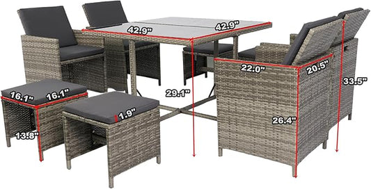 9 Pieces Patio Dining Outdoor Furniture, Space Saving Rattan Chairs with Glass Table, Cushioned Seating and Back Sectional Conversation Set, Zm-Grey