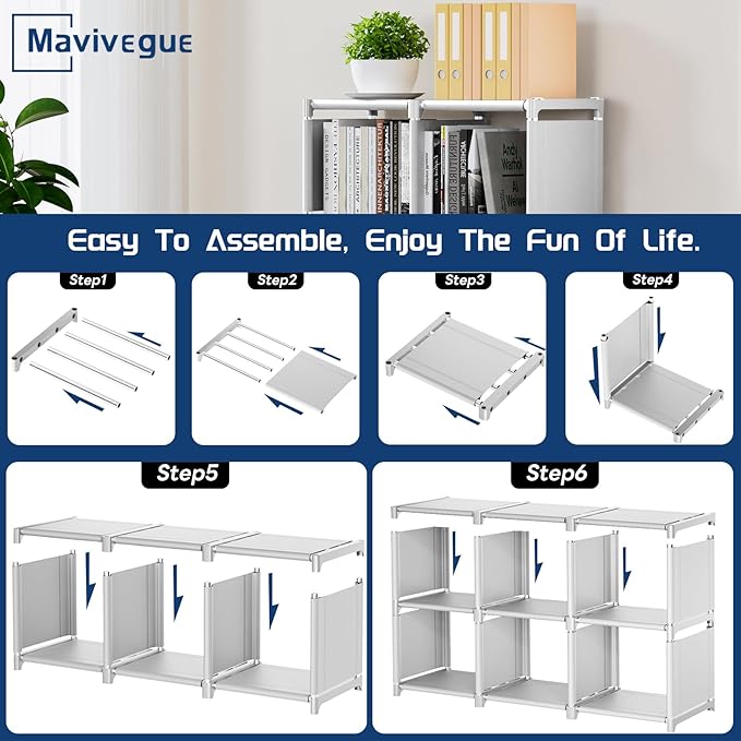 Mavivegue Book Shelf, 6 Cube Storage Organizer, DIY Bookcase, Metal Cube Bookshelf,Tall Book case for Bedroom, Living Room,Office,Closet Storage Organizer, White Cubicle Storage Rack