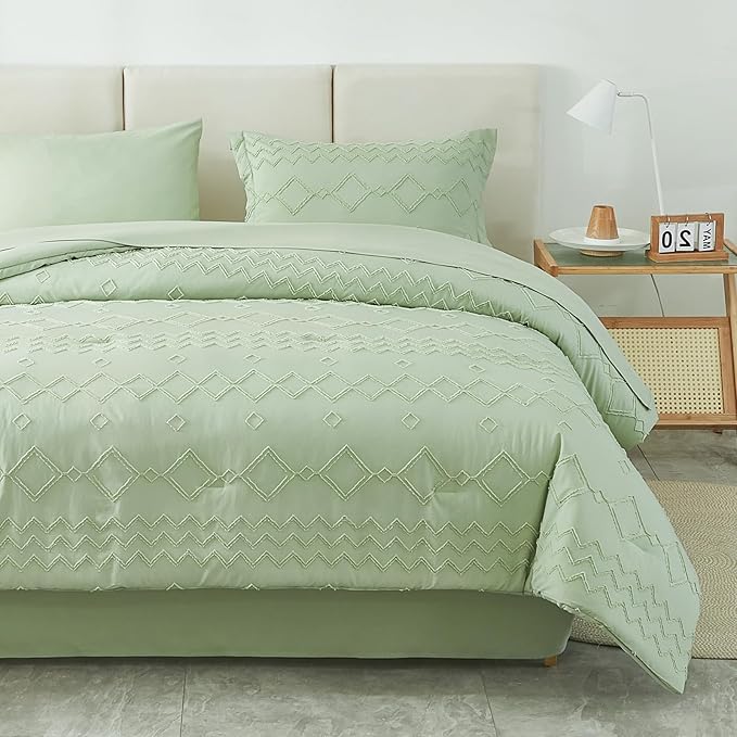 EMME Twin Comforter Set - 5 Pcs Sage Green Boho Bedding Sets, Tufted Comforter with Sheets, Shabby Chic Embroidery Twin Bed Set Fluffy Bed Bag for All Season(68"X90")