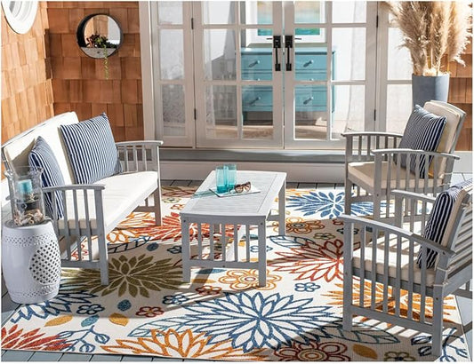 SAFAVIEH Outdoor Collection Rocklin Grey / Beige Cushions/ Stripe Pillows 4-Piece Conversation Patio Set