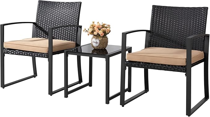 Shintenchi 3 Pieces Outdoor Patio Furniture Set, Modern Wicker Bistro Set, Conversation Rattan Chair of 2 with Coffee Table for Yard Porch Poolside Lawn(Khaki Cushion)