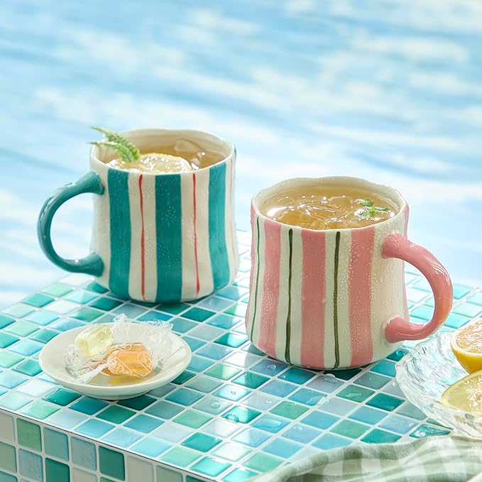 Striped Ceramic Coffee Mugs Set - 2 Pack, Pink & Green,Perfect for Morning Brew or Tea and Cocoa - for Coffee Lovers