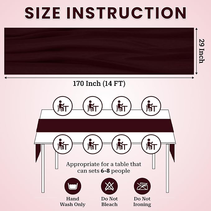 Pack of 2 | Burgundy | 14ft Chiffon Table Runner 29x170 Inches Long Romantic Rustic Sheer Gauze Runner for Wedding Bridal Shower Birthday Banquets Engagement Spring Easter Boho Decorations