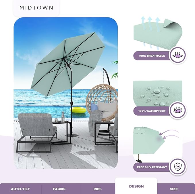 Midtown Umbrellas Sunbrella Umbrella 9 Feet Outdoor Umbrella With Canvas Glacier Acrylic Fabric - Auto-Tilt Aluminum Frame Patio Umbrella For Backyard, Deck, Garden, Pool - Black Pole
