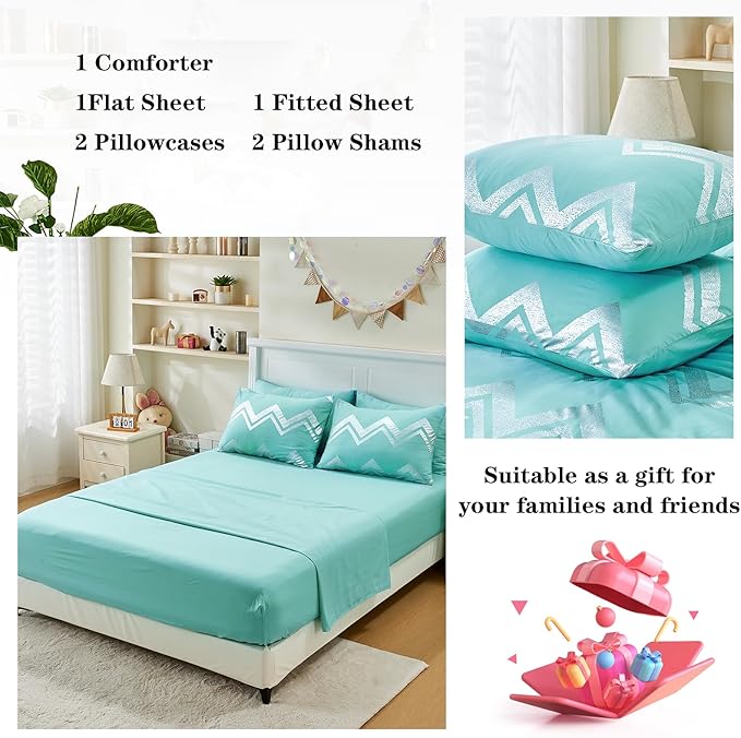 Wowelife Teal Comforter Set Queen7 Pieces Blue Glitter Metallic Bedding Set Full Teal Kids Comforter Set Breathable with Comforter, Flat Sheet, Fitted Sheet, 2 Pillow Shams and 2 Pillowcases