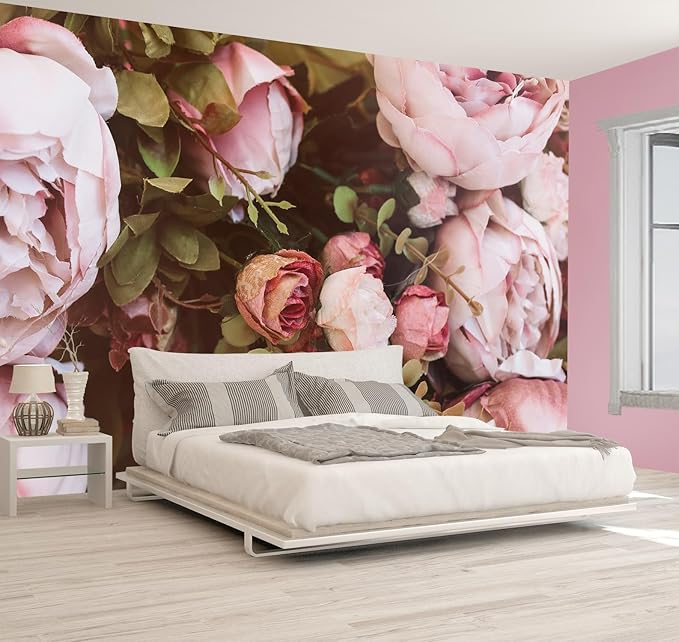 Large Peony Floral Wallpaper Girls Bedroom Pink Rose Flower Wall Mural (Not Peel and Stick)