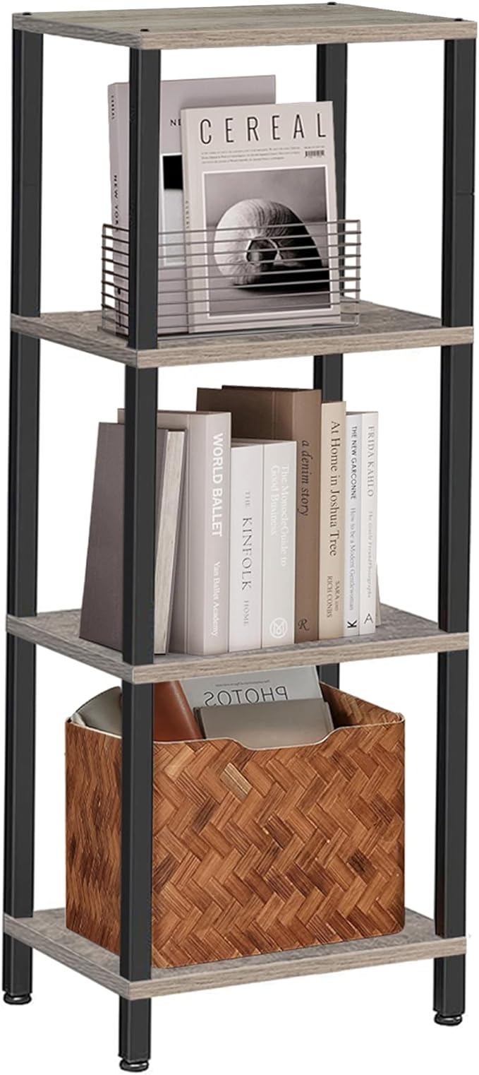 TUTOTAK Bookshelf, 4-Tier Tall Book Shelf, Narrow Bookcase for Small Space, DIY Stackable Bookshelf, for Living Room, Office, Study, Entryway, Industrial, Greige and Black BS01BG004