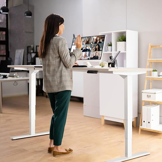 Standing desk bamboo top 72x30, electric. Adjustable height large stand up motorized ergonomic raised computer desk for home office