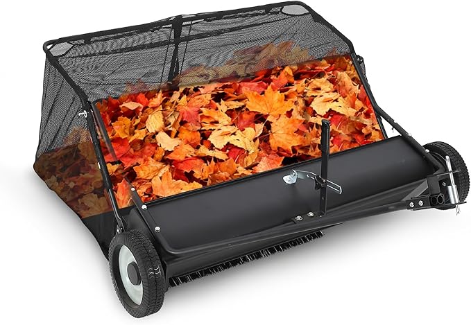 48" Lawn Sweeper Tow Behind, Heavy Duty Yard Sweeper Pull Behind with 25 Cu.Ft Large Hopper & Adjustable Sweeping Height, Universal Leaf Grass Collector for Tractor ATV UTV, Black