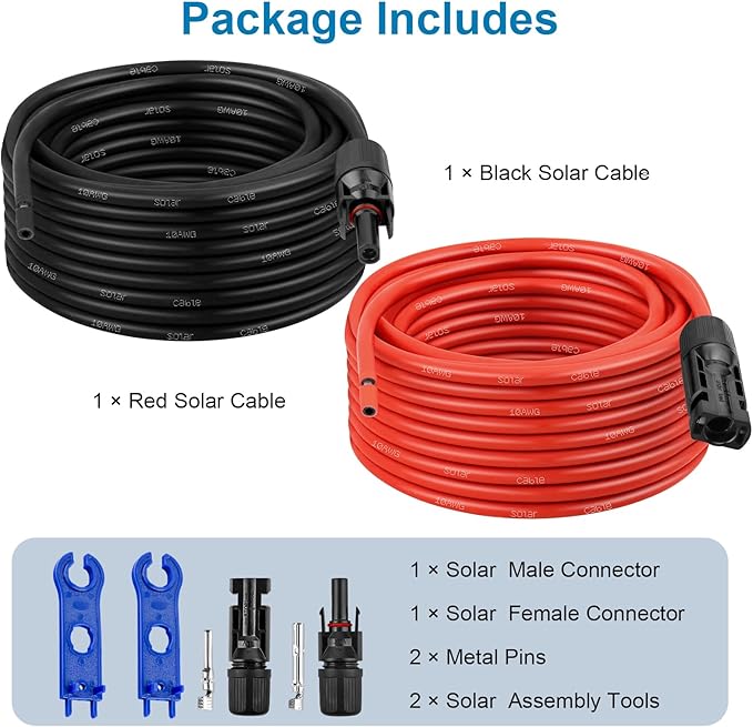 XRDS -RF Solar Extension Cable 10AWG, 50FT Red & Black Solar Panel Wire with Solar Connectors, PV Wire with Disconnect Wrenches & Extra Male/Female Connectors for RV, Camper, Inverter, Off-Grid System