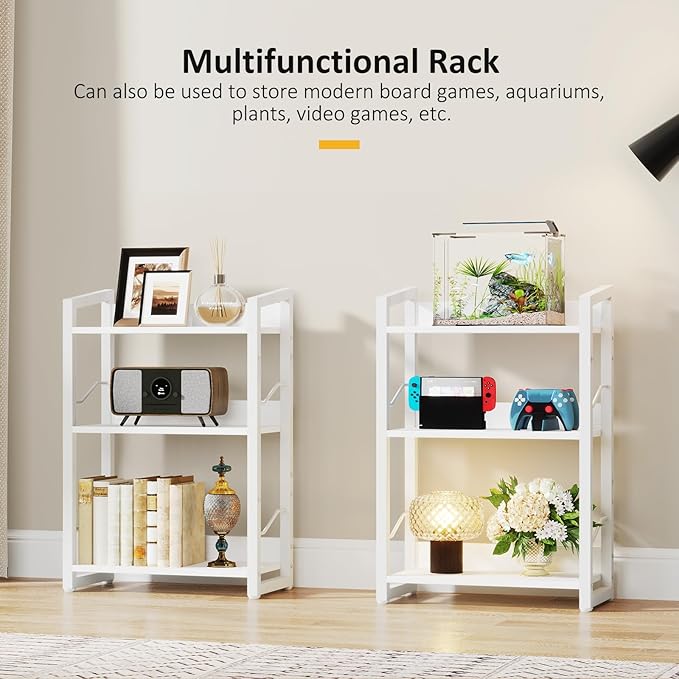 Book Shelf Small Bookshelf - 3-Tier Wood Bookcase Industrial Bookshelf Metal Narrow Bookshelves Storage Organizer Display Rack for Bedroom Living Room Home Office (White)