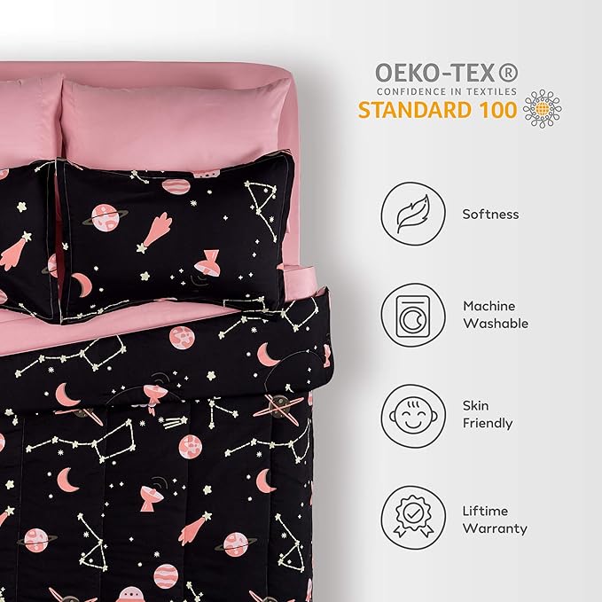 SLEEP ZONE Kids Bedding Twin Comforter Set - Super Soft & Cute Printed 2-Piece Comforter Set All Seasons for Boys, Girls, Fade Resistant, Machine Washable, Pink Galaxy