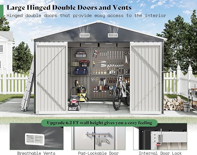 AMERLIFE 10x12x7 FT Metal Storage Shed with 2 Transparent Panels, Outdoor Tool Shed with Hinged Double Doors, Windows & Vents, Reinforced Steel Frame for Backyard Garden, DIY Workshop, Dark Gray