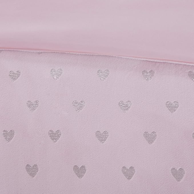 Mi Zone Rosalie Comforter Set for Girls, Ultra-Soft Microlight Plush Metallic Printed Hearts Brushed Reverse Overfilled Down Alternative Hypoallergenic All Season, Twin/Twin XL, Pink/Silver, 3 Piece