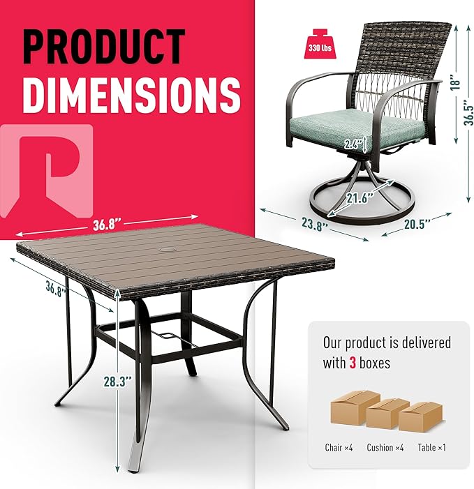 Pamapic 5 Piece Outdoor Dining Set, Rattan Outdoor Patio Furniture Set for Deck Backyard with Plastic-Wood Outdoor Dining Table, 4 Swivel Outdoor Dining Chairs and Removable Cushions (Green)