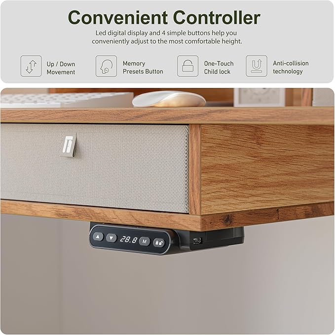 BANTI Height Adjustable Electric Standing Desk with 4 Drawers, 55 x 24 Inch Table with Storage Shelf, Sit Stand Desk, Light Rustic Brown Top