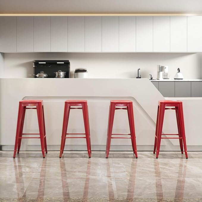 4-pcs 30-inch Backless Metal Bar Stool Stackable Heavy-Duty Counter-Height Chair for Home Bars Patios Kitchen Islands Cafes Restaurants Bistros and Dining Areas for Indoor & Outdoor, Red