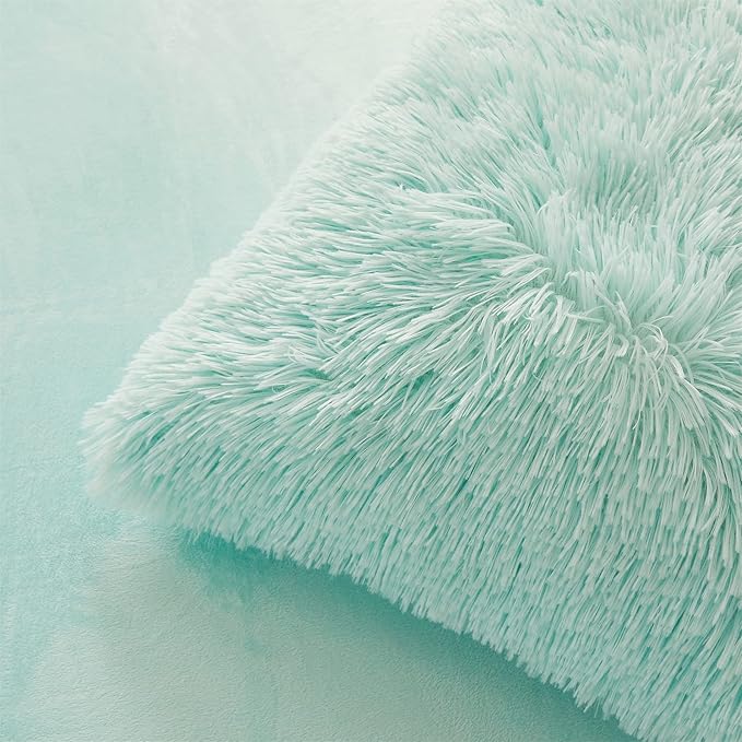FOPPA Green Comforter Cover Set - Ultra Soft Plush Bedding Sets 3 Pieces (1 Faux Fur Duvet Cover + 2 Faux Fur Pillow case) Green Bed Set(Mint Green, Queen)