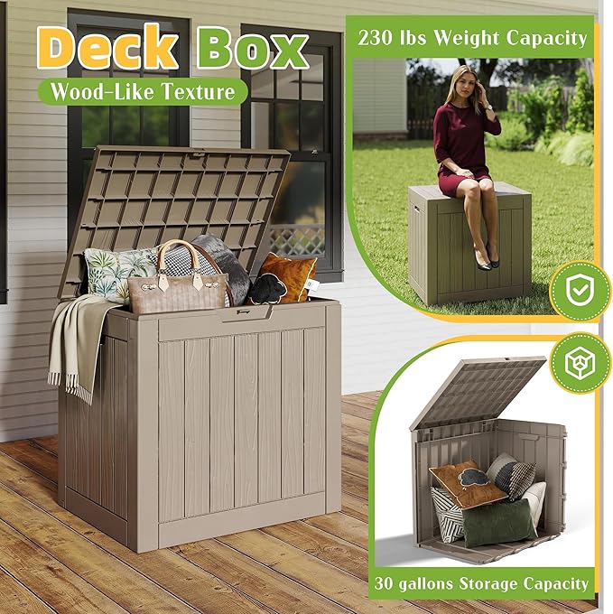 30 Gallon Waterproof Resin Deck Box, UV Resistant Outdoor Storage for Garden, Patio, Porch, Delivery, Grey