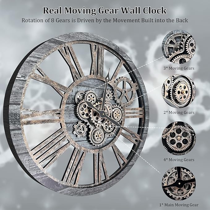 HOIBAI Large Wall Clock, Wall Clocks for Living Room Decor 36 Inch Farmhouse Vintage Rustic Kitchen Wall Decor Vintage Roman Oversized Wall Clock for Home Bedroom House, Moving Gears Clock