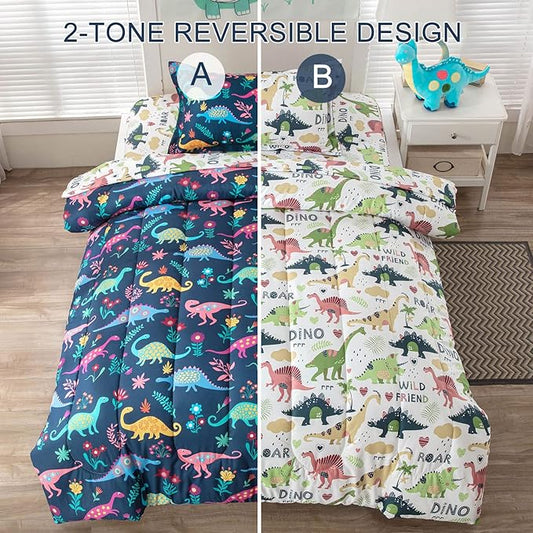 Dinosaur Twin Comforter Set for Boys Girls 4-Piece Dino Kids Bedding Sets Ultra Soft Cartoon Bedroom Set - Include Reversible Comforter, Flat Sheet, Fitted Sheet and Pillowcase, Blue