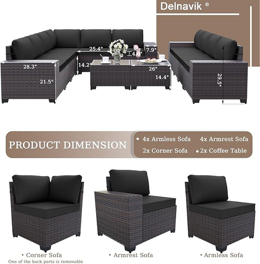12PCS Patio Furniture Set Sofa Wicker Sectional Sofa Set, Outdoor Furniture Rattan Patio Conversation Set with Cushions and Glass Coffee Table, Black