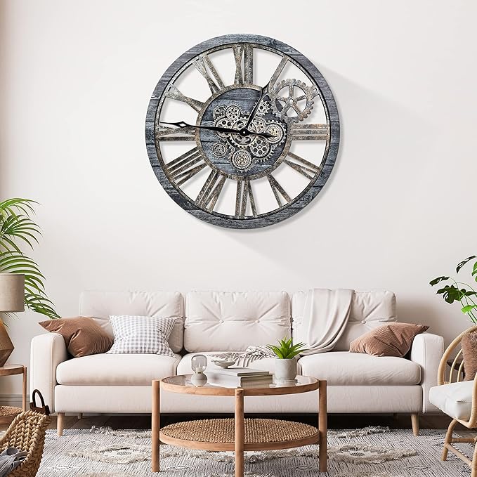HOIBAI Large Wall Clock, Wall Clocks for Living Room Decor 36 Inch Farmhouse Vintage Rustic Kitchen Wall Decor Vintage Roman Oversized Wall Clock for Home Bedroom House, Moving Gears Clock