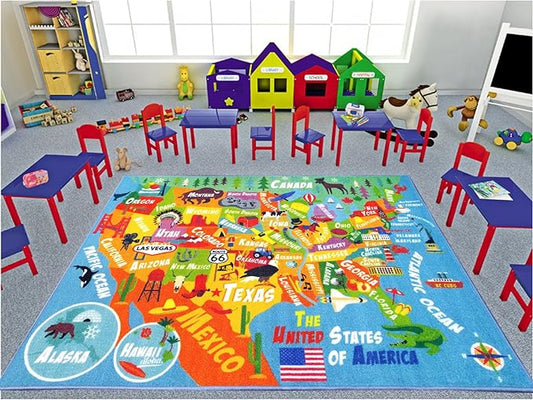 KC Cubs Playtime Collection USA United States Map Educational Learning & Game Area Rug Carpet for Kids and Children Bedrooms and Playroom (8'2" x 9'10"), Multi