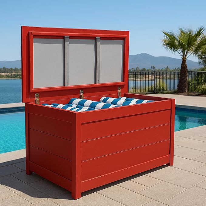 DutchCrafters Poly Waterproof Outdoor Deck Box 200-Gallon Large Deck Box Weatherproof Storage for Pool Decor, Porch Packages, Pool Towel Holder, Holds Up To 10 Cushions (Gray & White)