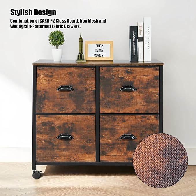 TOPSKY 4 Drawers Mobile Fabric Lateral File Cabinet with Casters for Letter SIze File (Rustic Brown)