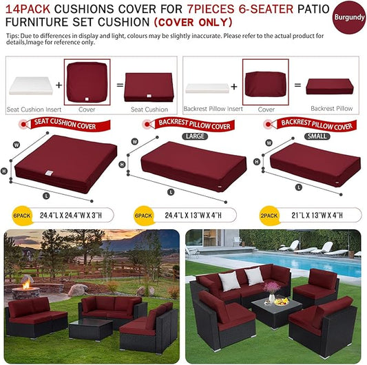 ClawsCover 14Pack Outdoor Patio Seat and Back Cushions Replacement Covers Fit for 7Pieces 6-Seater Wicker Rattan Sectional Couch Chair Furniture Set,Burgundy-Include Cover Only (Small)
