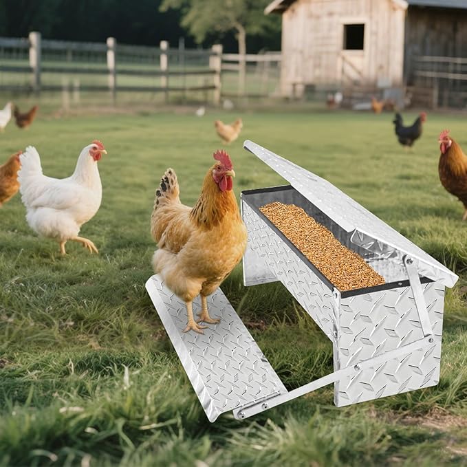 Fsehyue Automatic Chicken Feeder Chook Food Feeder Capacity Treadle Self Opening Pou with Weatherproof Lid Rain Cover for Roosters Pheasant Chicken Outdoor Coop Silver Full Aluminum(11lbs/5000g)