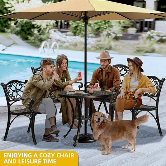 DWVO 5 Piece Outdoor Furniture Cast Aluminum Patio Dining Sets, All-Weather Patio Bistro Sets with 4 Chairs, 30 Inches Round Table with Umbrella Hole, Adjustable Feet for Balcony Backyard Deck Garden
