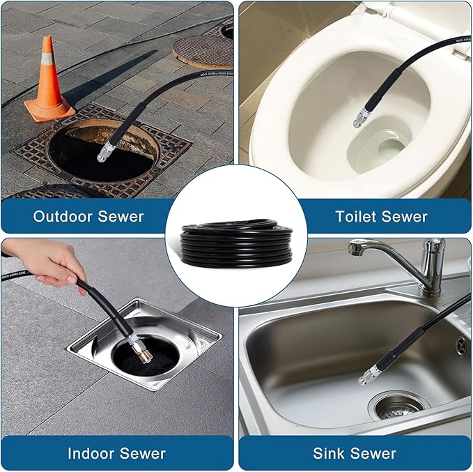150FT Sewer Jetter Kit for Pressure Washer, 5800PSI Water Jet Durable Drain Cleaner Hose 1/4 Inch NPT Corner with 4 Specialized Nozzles,Waterproof Tape, Pearl Corsage Pin, Handle Strap & 2 Spanners