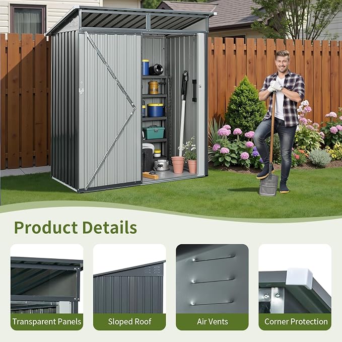 5x3 FT Grey Outdoor Metal Storage Shedfor Tools, Lawnmower, Bikes & Outdoor Gear, Lockable, Waterproof & UV-Resistant Heavy-Duty Steel 3x5 Shed for Backyard, Patio & Lawn, Easy Assembly