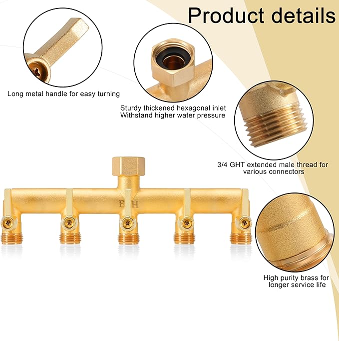 EBH Brass Garden Hose Splitter, 5 Way Outdoor Frostproof Tap Hose Splitter with 5 Individual On/Off Valve and Extended Handle, GHT 3/4-Inch Heavy Duty Hex Female Inlet and 3/4-Inch Male Outlet