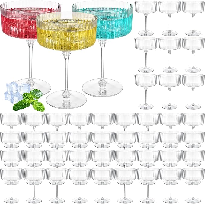 Jingmore 48 Pcs Ribbed Martini Glasses 10 oz Disposable Plastic Vintage Ribbed Coupe Glasses Unbreakable Dessert Parfait Glassware for Wedding Birthday Party Supplies (Clear)