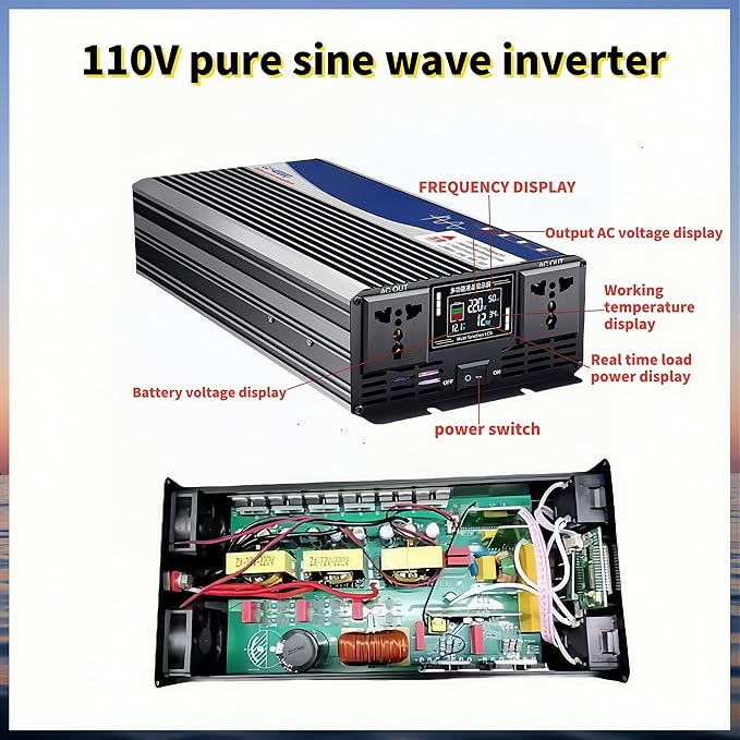 3500W Power Inverter 12V DC to 110V AC Converter with LED Display Dual AC Outlets Dual Fans Radiating for RV, Camp, Boat and Home Emergency Portable Pure Sine Wave Inverter (Smart Screen, 3500W 12V)