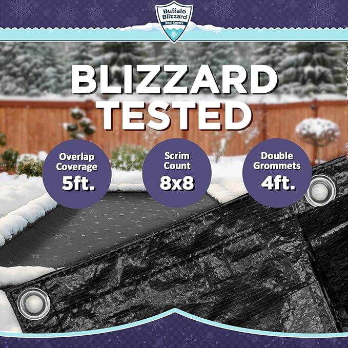 Buffalo Blizzard Deluxe Winter Cover for 12 ft x 24 ft Rectangle Inground or Above Ground Swimming Pools | Blue/Black Reversible | 5-Foot Additional Material