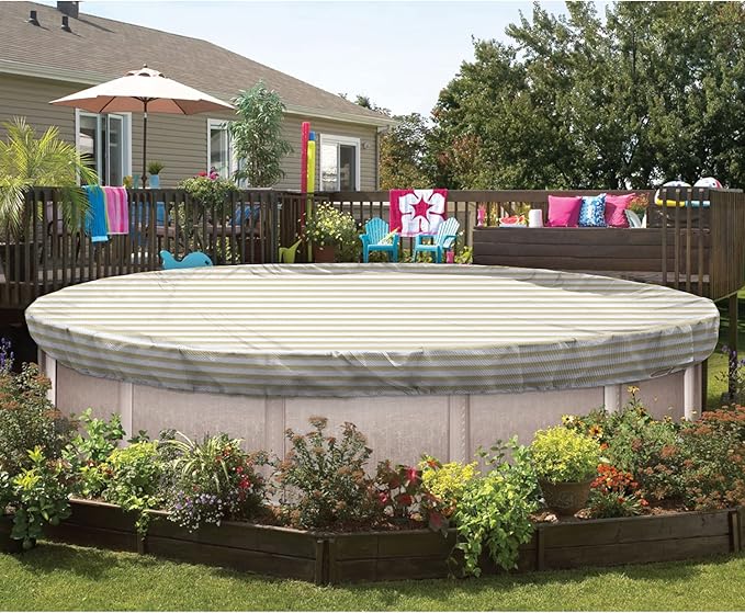 ECOOPTS 12 ft Round Pool Cover for Above Ground Pools, Swimming Pool Cover Protector Winter Safety Cover (Beige White Stripes)