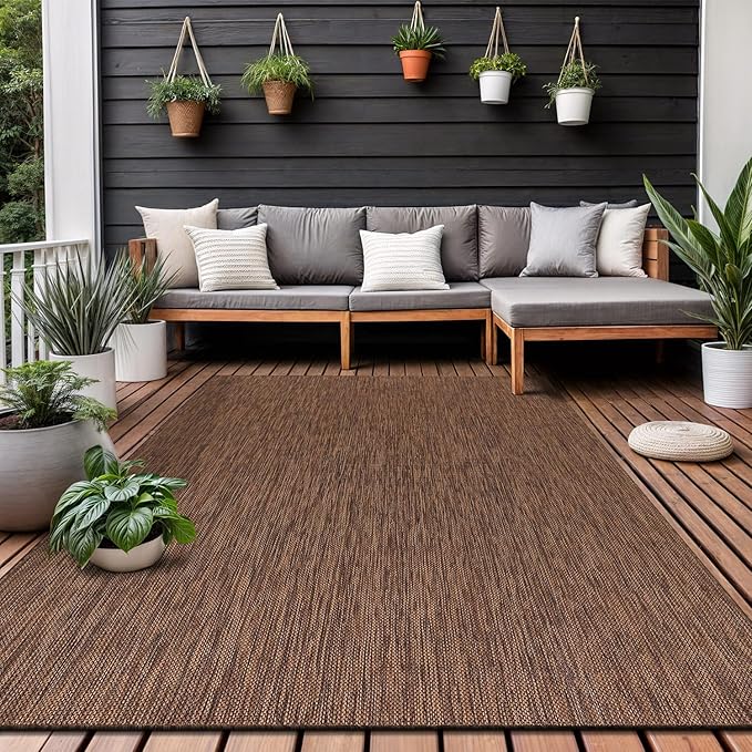 Washable Indoor Outdoor Rug Weather Resistant Carpet Modern Solid for Porch Deck Balcony Backyard Patio Rug 8x10 Gold Brown