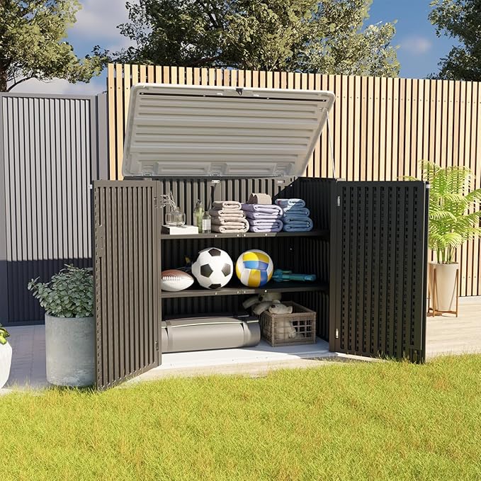 KINYING Larger Outdoor Storage Shed Weather Resistance, Resin Sheds & Outdoor Storage for Garden, Patios, Backyards, 48 Cu.Ft Tool Shed for Garbage Cans, Lawn Mower, Garden Tools,Black